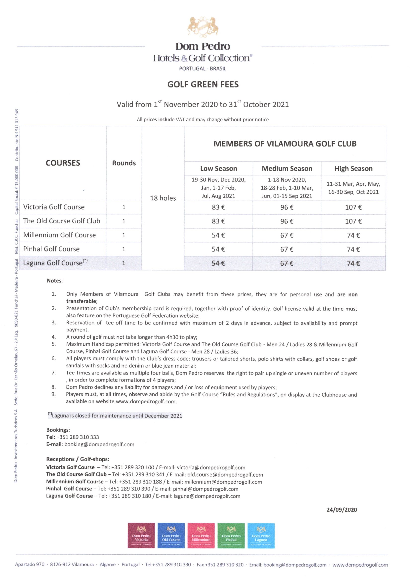 tarif golf 2020 2021